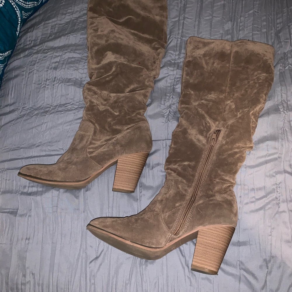 Slouchy knee high tan heel boots